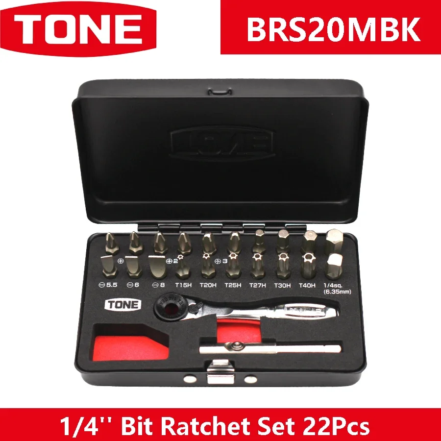 

TONE BRS20MBK Bit Ratchet Set 22Pcs 1/4'' (6.35 mm) Bits for SL PH TORX HEX Screws Bit Insertion with Iron Box Ratchet Wrench