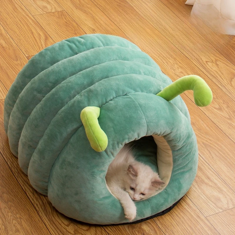 Cute Pet Nest Warm Soft Plush Cat Bed Cartoon Caterpillar Warm Thick Dog House Cat House Foldable Washable Pet Supplies Cat Tent