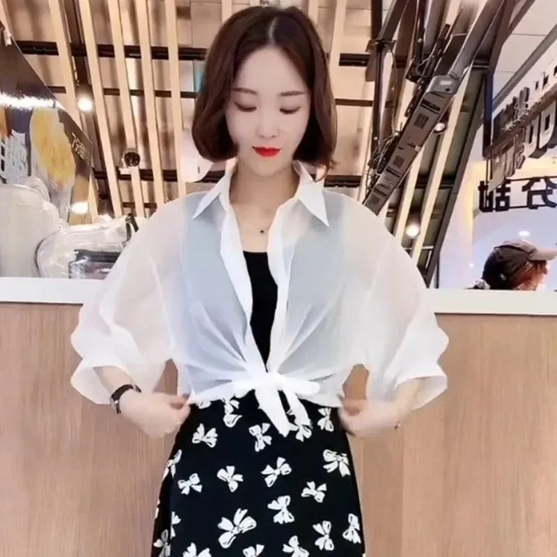 Women's Summer New Style Ice Silk Sun Protection Shirt Thin Fashionable Chiffon Air Conditioner Cover up Versatile Collar