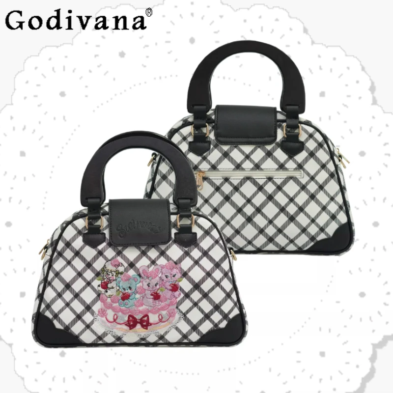 

Japanese Original Embroidery Plaid Print Handbag Two-dimensional Cartoon Cute Retro Large Capacity Crossbody Bag for Women