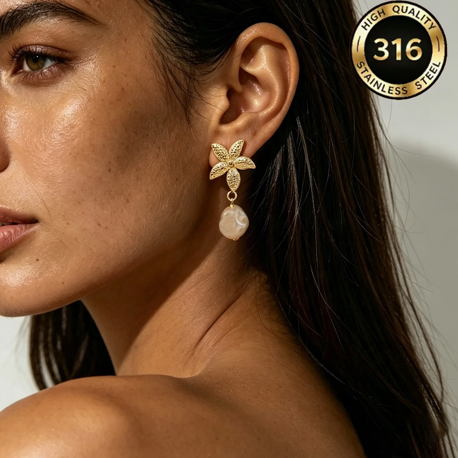 18K vergoldete Edelstahl-Ohrringe, Sommer-Strand-Seestern-Perlen-Anhänger-Ohrstecker, farbbeständiger wasserdichter Schmuck für Frauen