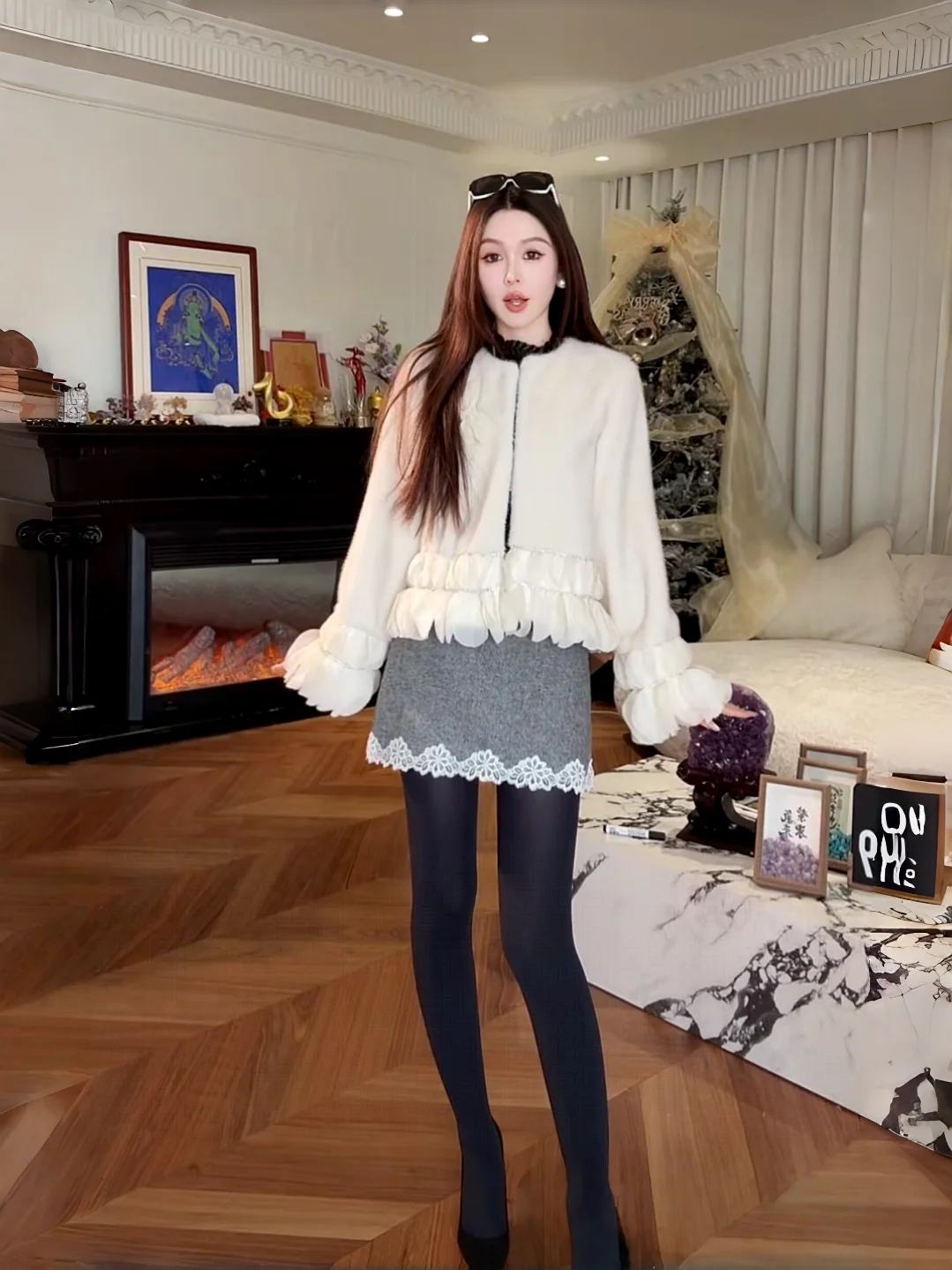 

Removable Pearl Knot round Ne ort Jaet with Lace Hem Sve Casual Loose Fit Polyester Fiber Women's Coat