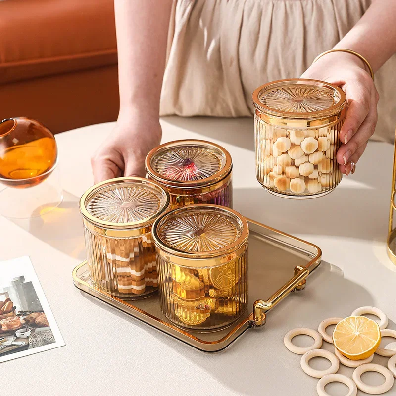 European Style Amber Striped Plastic Spice Jar Transparent Candy Biscuit Box with Lid Fruit Plate Set Kitchen Food Salt Jar Box