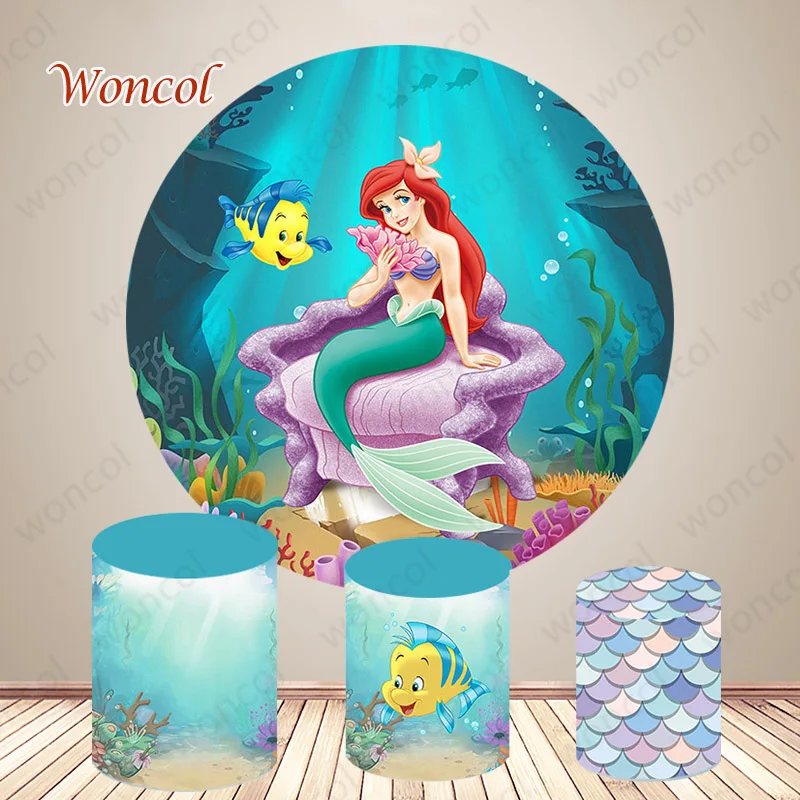 

Little Mermaid Round Backdrop Undersea Mermaid Backdrop Child Birthday Princess Ariel Circle Cylinder Cover Photocall Props