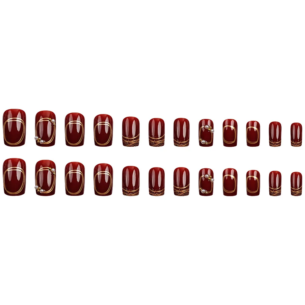 เล็บปลอมแบบกดติดลายปลายฝรั่งเศสสีทองประกายมุก ประดับมุกและคริสตัล สีเบอร์กันดี พร้อมกาวติดเล็บปลอมแบบเต็มแผ่น สำหรับผู้หญิง 24 ชิ้น