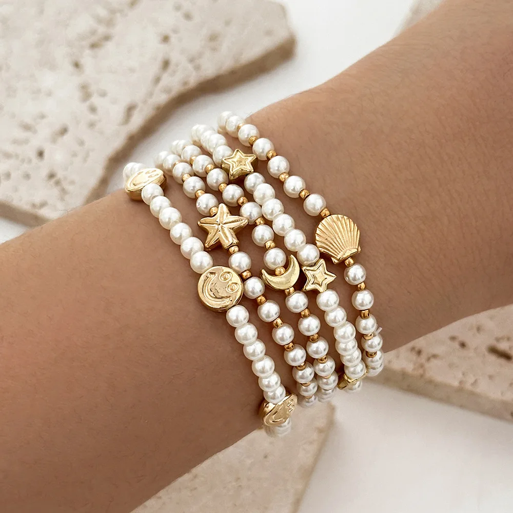 

Beach imitation pearl star moon shell smiley face bracelet, fashionable multi-layer CCB round bead beaded bracelet set for women