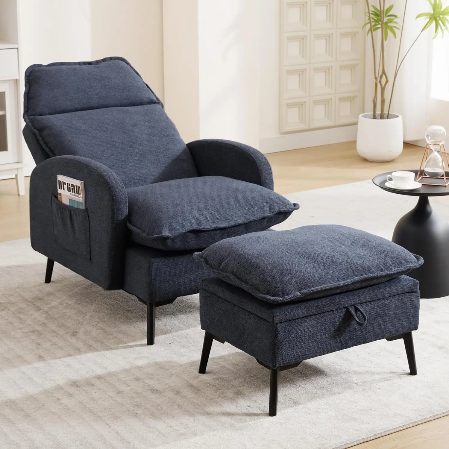 Recliner Chair and Storage Ottoman Set Linen Fabric Comfy Reading Arm Chair Cozy Lounge Sofa for Living Room Bedroom Navy Blue