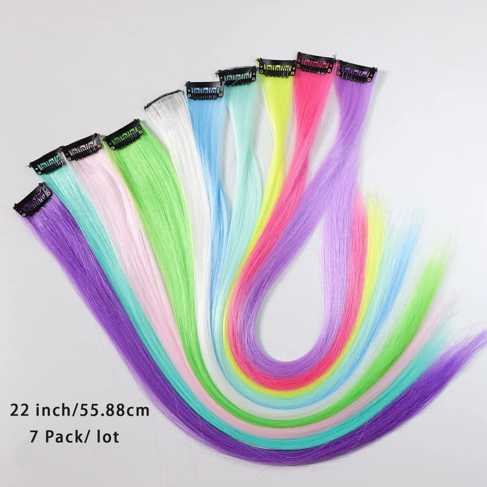 Extensión de cabello que brilla en la oscuridad, 7 piezas con clip, sintética luminosa para fiestas y celebraciones 6