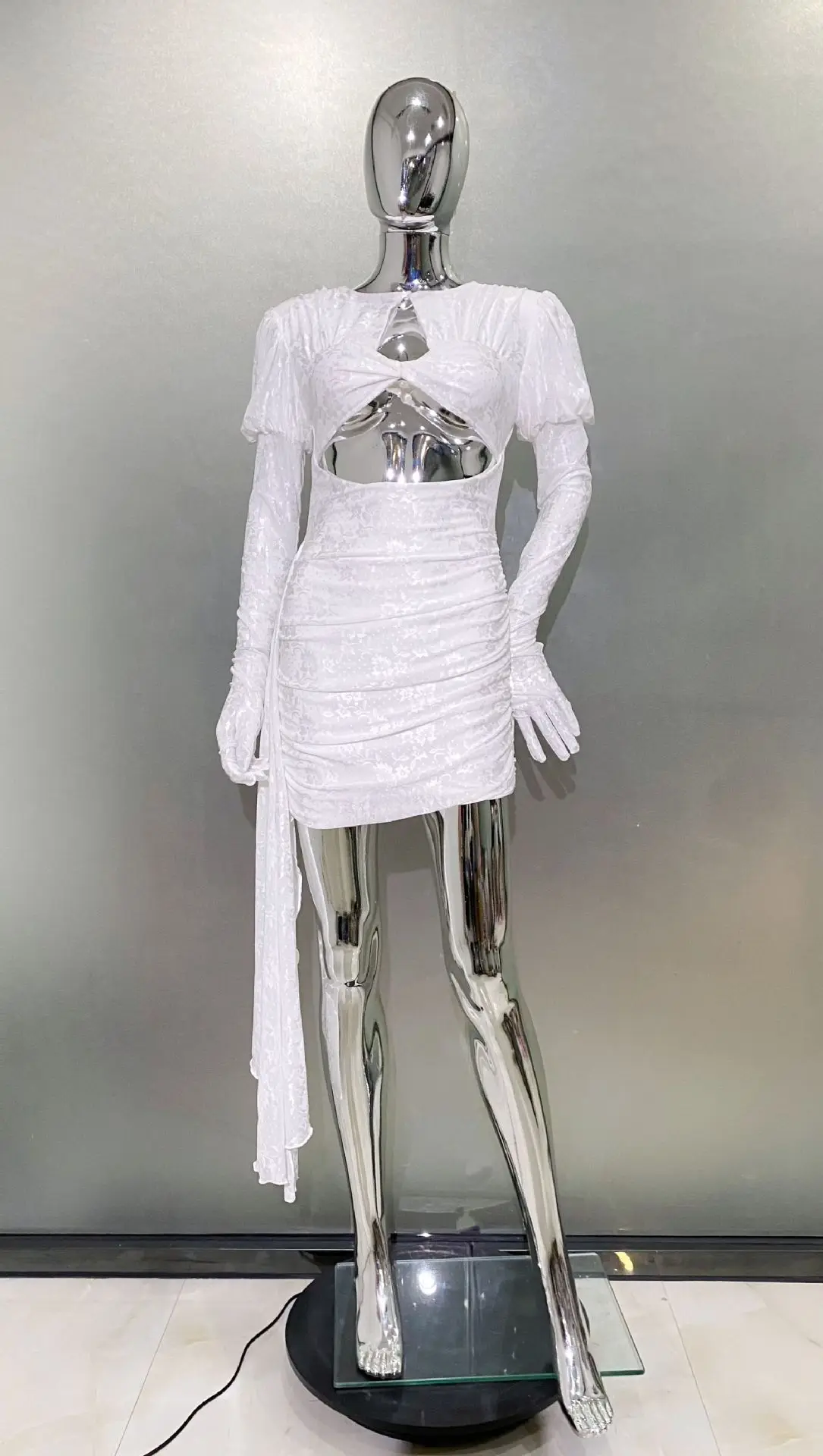 White Jacquard Women Prom Dress Full Sleeves Glove Sexy Hollow Short Mini Party Evening Gown Formal Sheath Prom Birthday Robe
