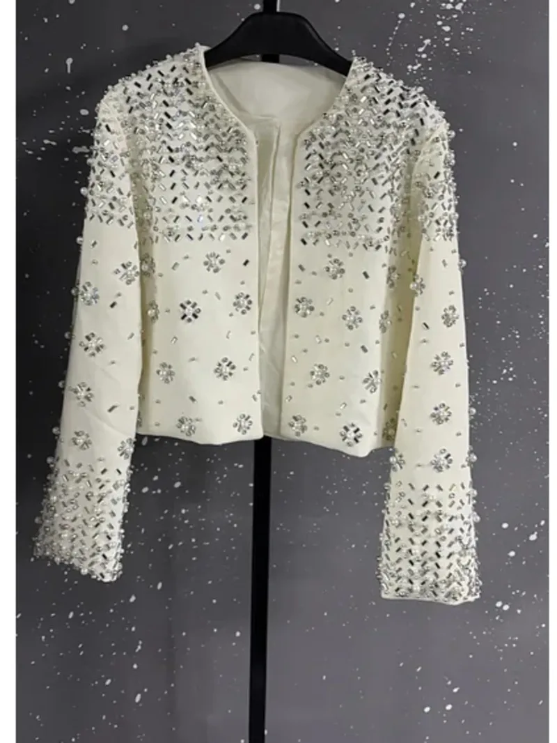 Fashion Spring Autumn White 2 Piece Set Women O-Neck Long Sleeves Diamonds Frenulum Coat Pleated Skirt Suit X7E2