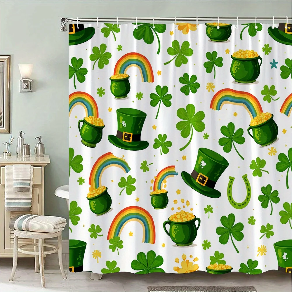 Charming Clover Rainbow Top Hat Shower Curtain Bath Decor Waterproof Bathroom Greenery Wizard Garden Print Cottagecore Nursery