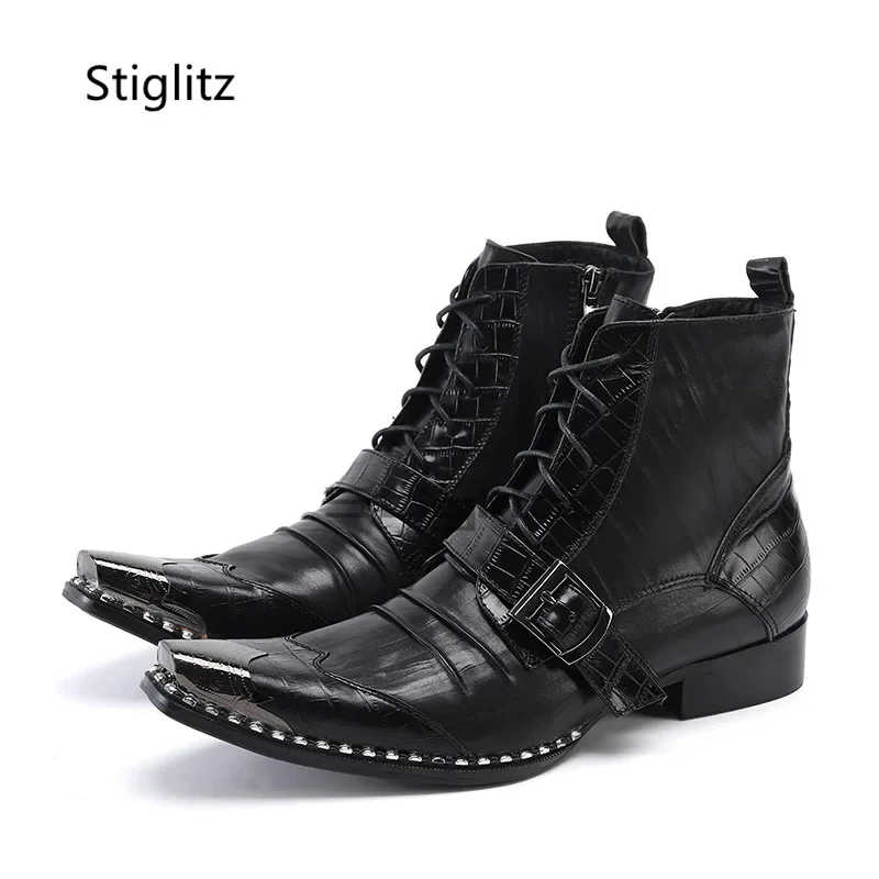 Iron Toe Black Men's Ankle Boots Front Lace Up Business Genuine Leather Motorcycle Boots Zipper British Buckle Strap Shoes