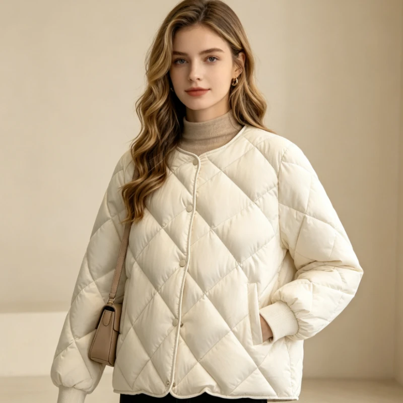 Women's Short Cotton Jacket  New Autumn Winter Lightweight Casual Long Sleve Diamond Pattern Thin All-Match Leisure Coat