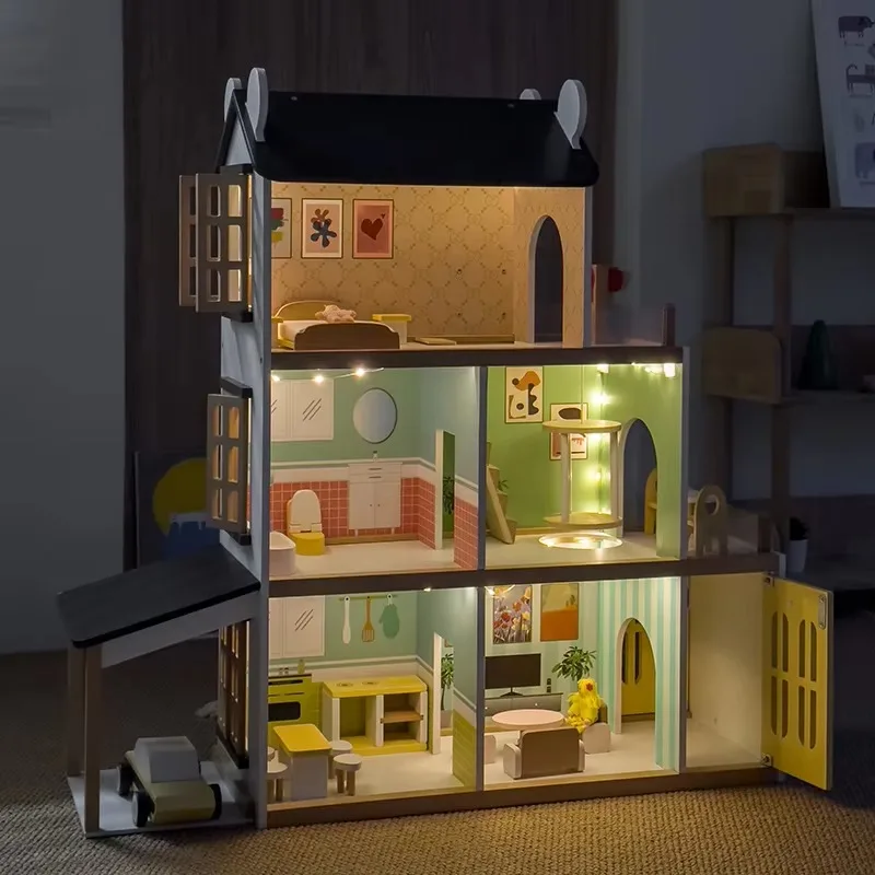 Kidsren's Wooden Play House Doll Room Light Elevator House Artificial Furniture Toy Gift Set Educational Model for Babies