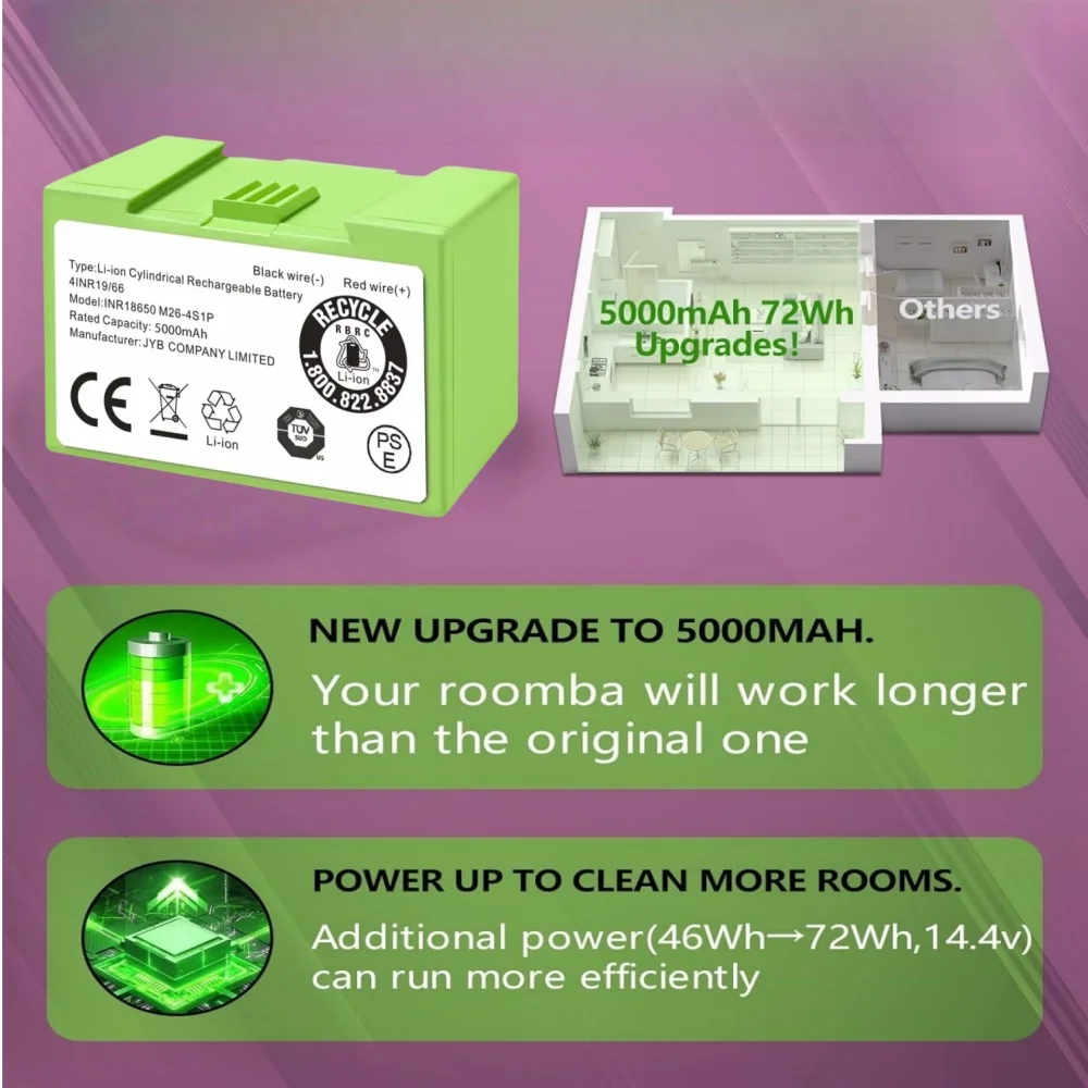 Reemplazo de batería de 14,4 V 5000mAh para iRobot Roomba e y i Series i7+ e5 7150 7550 i3 3150 i3+ 3550 i4 4150 i4+ 4624864