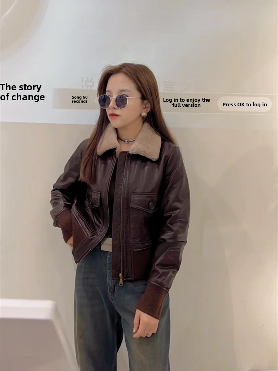 

Женское пальто из натуральной кожи с воротником из овчины, универсальное, осенне-зимнее, новое, для повседневной носки, с длинными рукавами, 2024