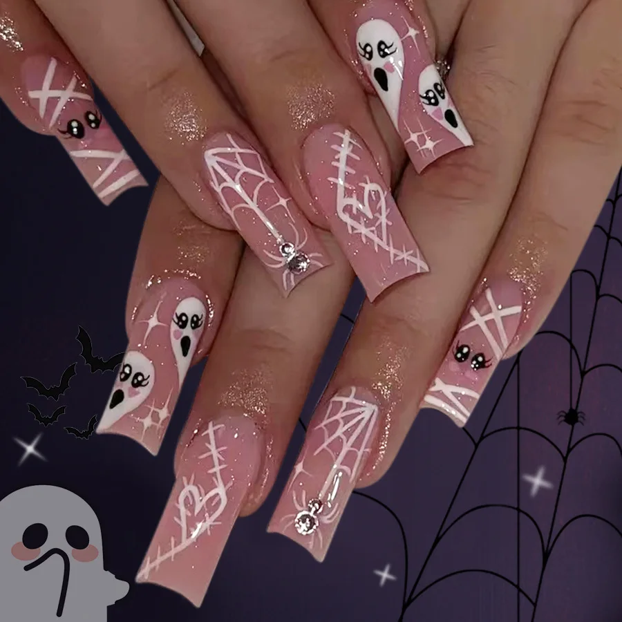 24pc dessin animé chauve-souris araignée faux ongles pour Halloween dégradé rose Flash argent cercueil faux ongles doux Cool toile d'araignée presse sur ongles
