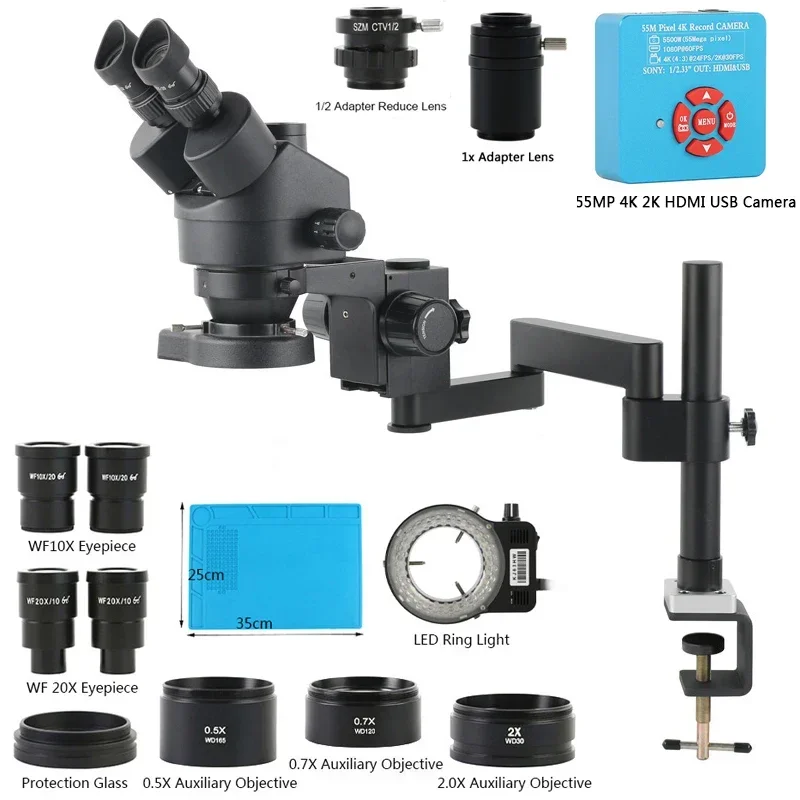 3.5X 90X 180X Zoom Simul-Focal Trinocular 0.5X 0.7X 2X Barlow Lens 20X Eyepiece Phone Repair PCB Soldering Stereo Microscope