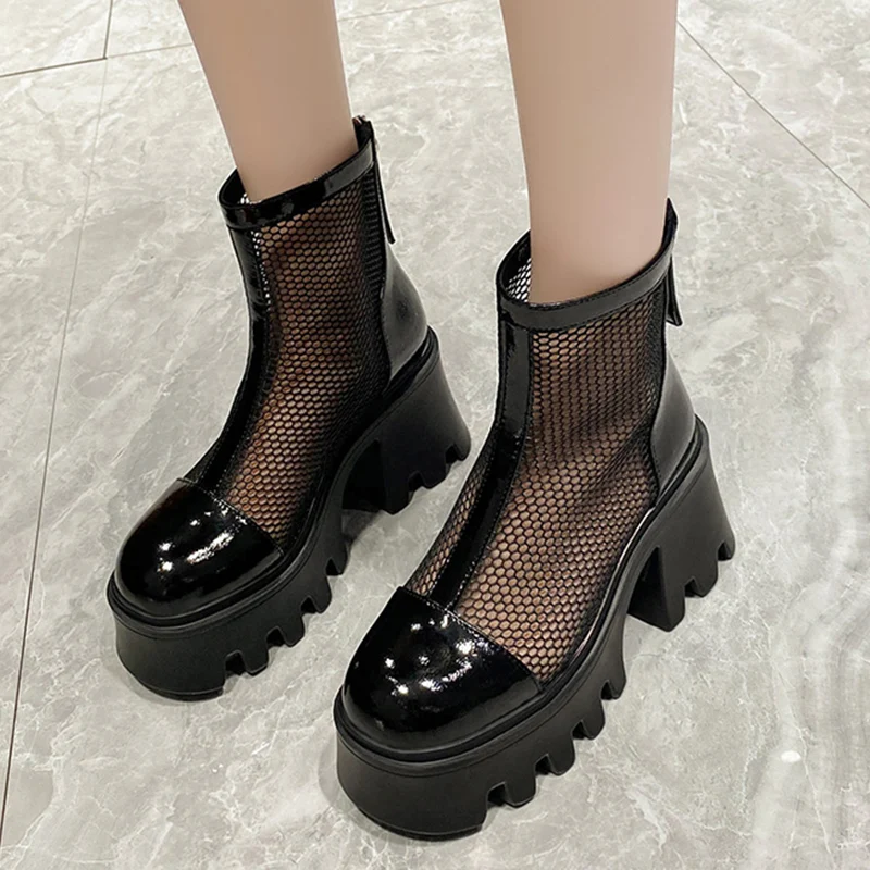 女性のゴシックスタイルの厚底ブーツ,通気性のある厚底のブーツ,パンクとアンクルブーツ,黒いブーツ,2023