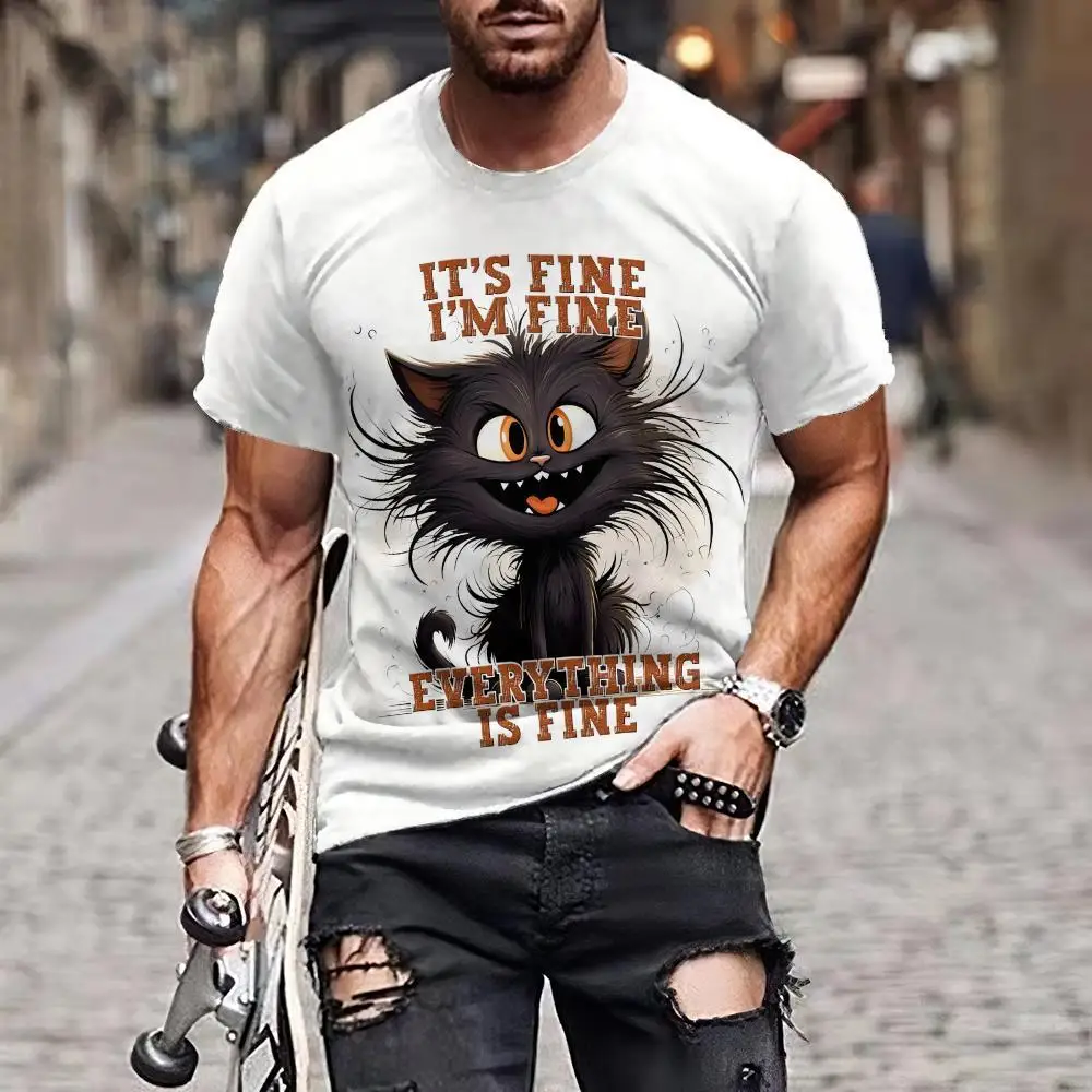 Funny Cat Printed Men's T Shirts Slogan Text Graphic Short Sleeve Tees T-Shirts ​Summer Casual O-Neck Loose Tops Men's Clothing