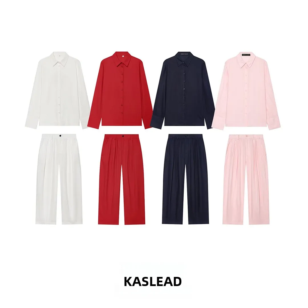 KASLEAD New Women's Fashion Loose Shirt Pleated Long Pants Two-Piece Set Summer Season Stylish Casual Wear