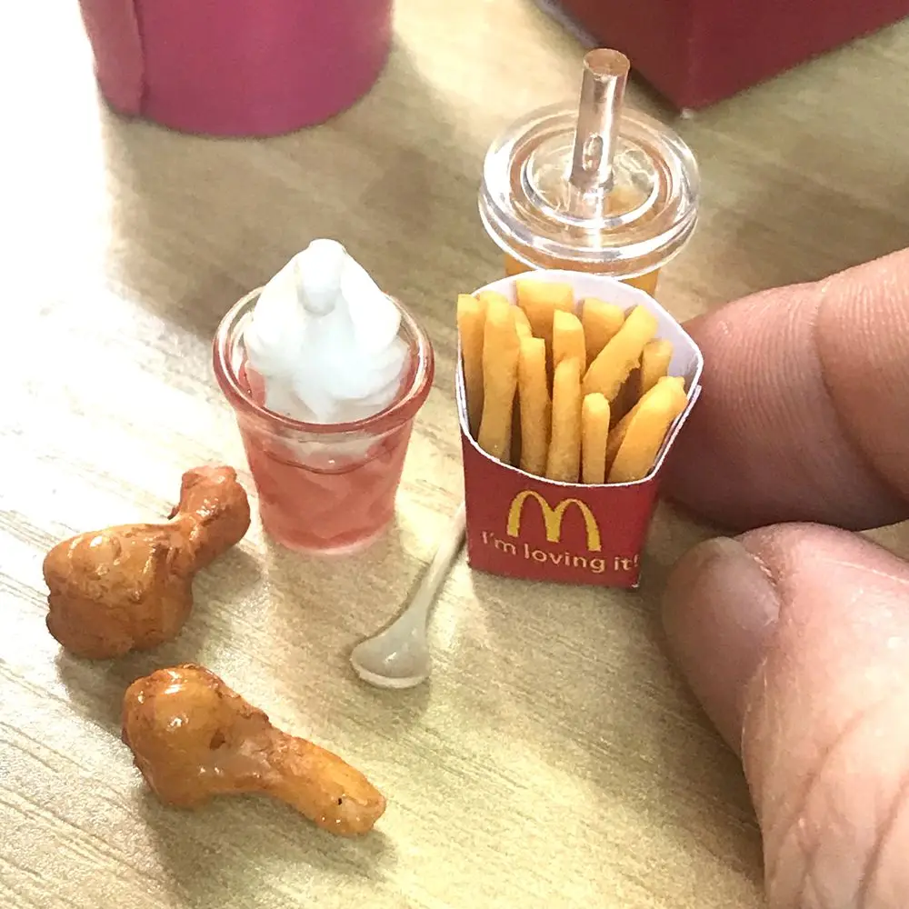 NEW 1/6 Scale Dollhouse Miniature Fried Chips Chicken Leg Ice-cream Orange Juice Mini Fast Food for Doll House Kitchen Play Toys