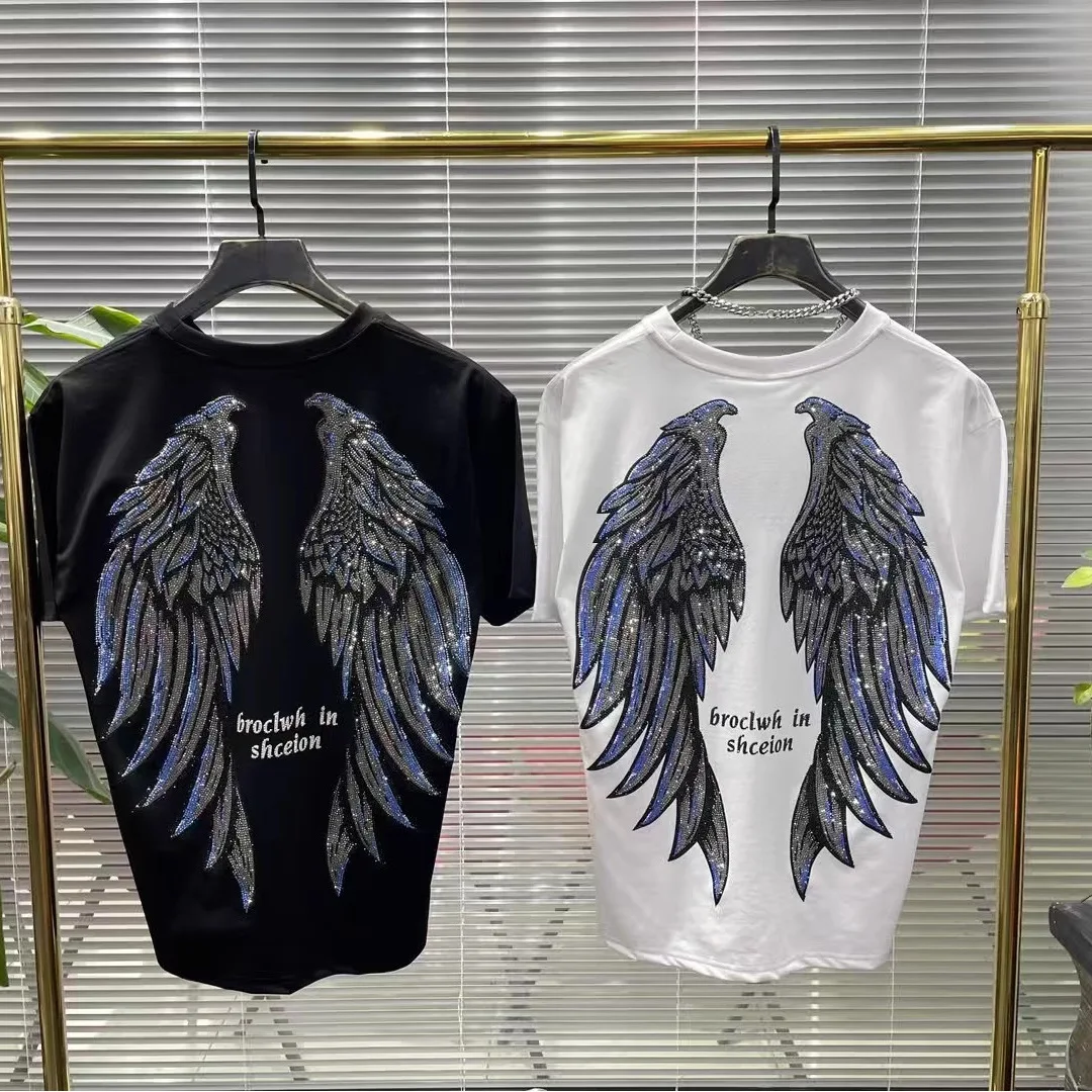 L-4XL Plus Size T-shirts for Women Wings Rhinestone Loose Summer Short Sleeve Tops Casual Women Clothing Занзеа Женская Одежда