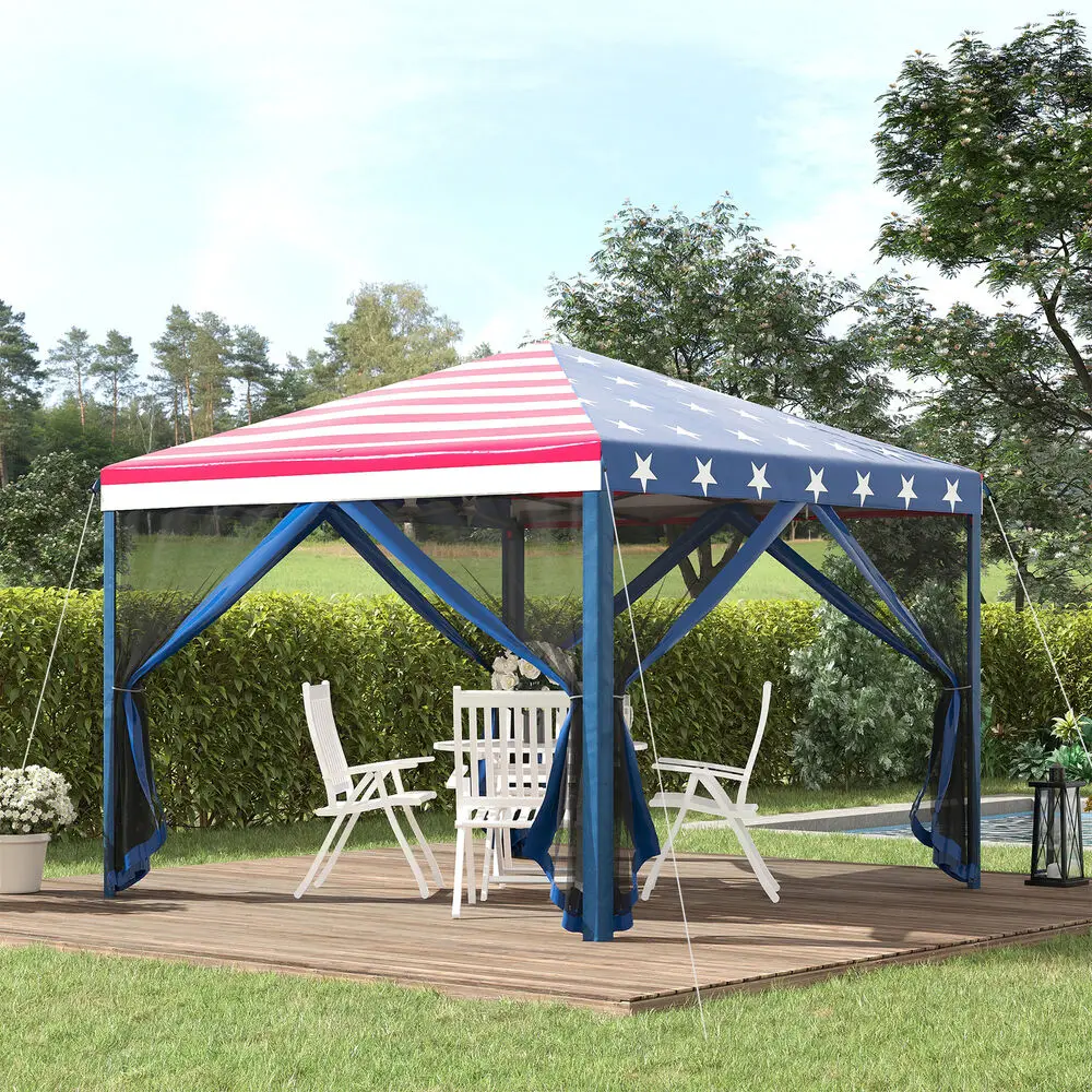 

10x10 EZ Pop Up Backyard Canopy Outdoor Gazebo Tent with Sidewalls American Flag