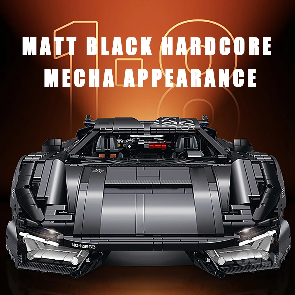1:8 High-Mounted Black Wing Midnight Black Retro Supercar 3883 Pieces Interlocked Brick Frame Deep Chin Spoiler Hex-Pattern Vent Mesh Tribute Brick Kit Room Decor Gift for Car Fans and Collectors