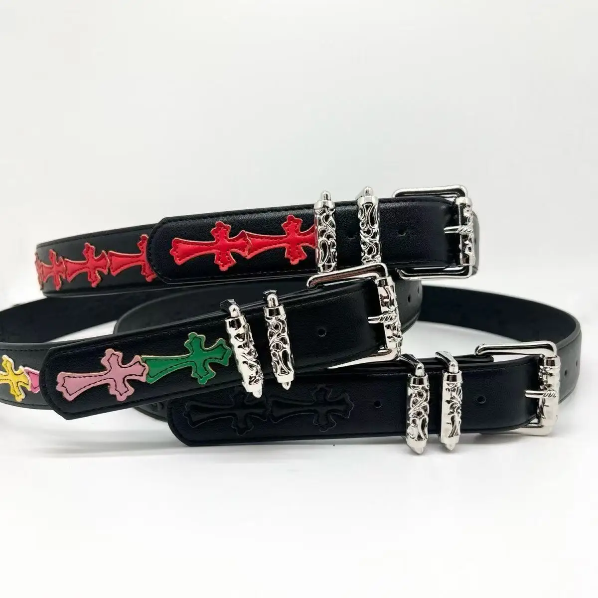 Cro CH Needle Buckle Belt for Men and Women with Hollow Red Patchwork Cross Vine Belt Star Style Retro Classic
