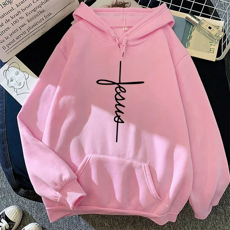 Fé impressão mulher hoodies toda a temporada diário casual desportivo moletom com capuz 2025 feminino casa conforto ao ar livre quente solto pulôver