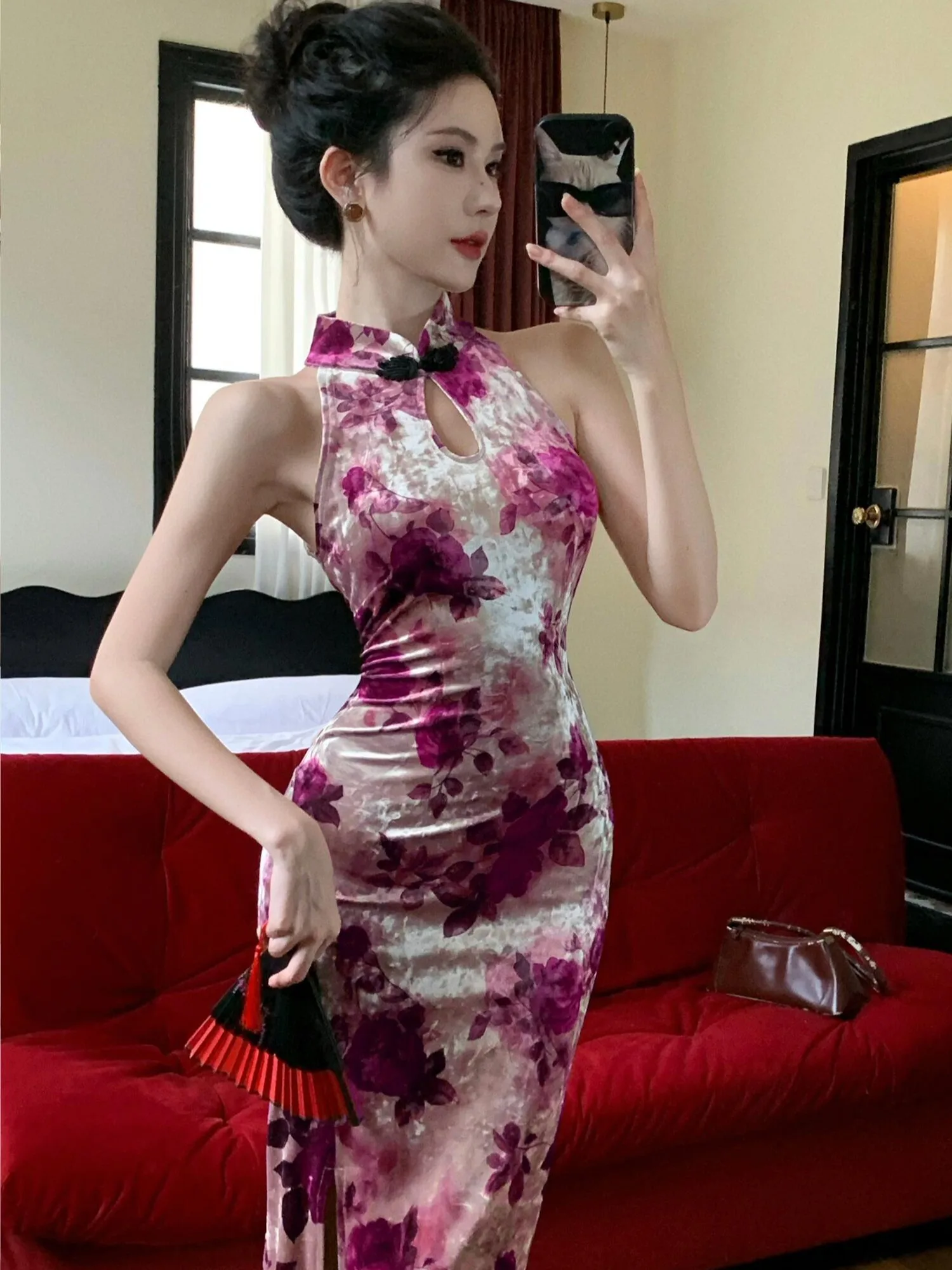 

Ретро-юбка миди с высоким разрезом и цветочным принтом из бархата, сексуальная, в национальном стиле, для осени