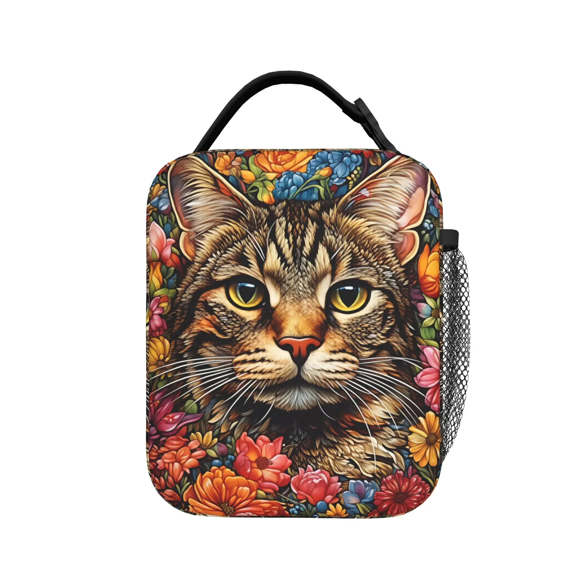 Kawaii Autumn Tabby Cat in Fall Flowers Lunch Bag Outdoor Lunch Box For Girls Fashion Thermal Tote Handbags Zipper Cooler Bag