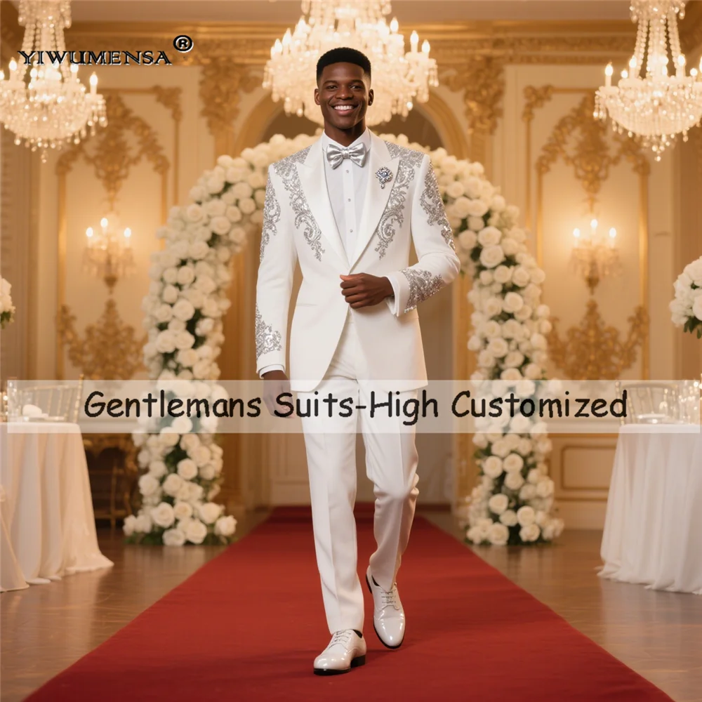 

Elegant Groom Wedding Suits Crystals Beaded Prom Tuxedos Customized 2 Pieces Man Banquet Dinner Party Clothing terno masculino