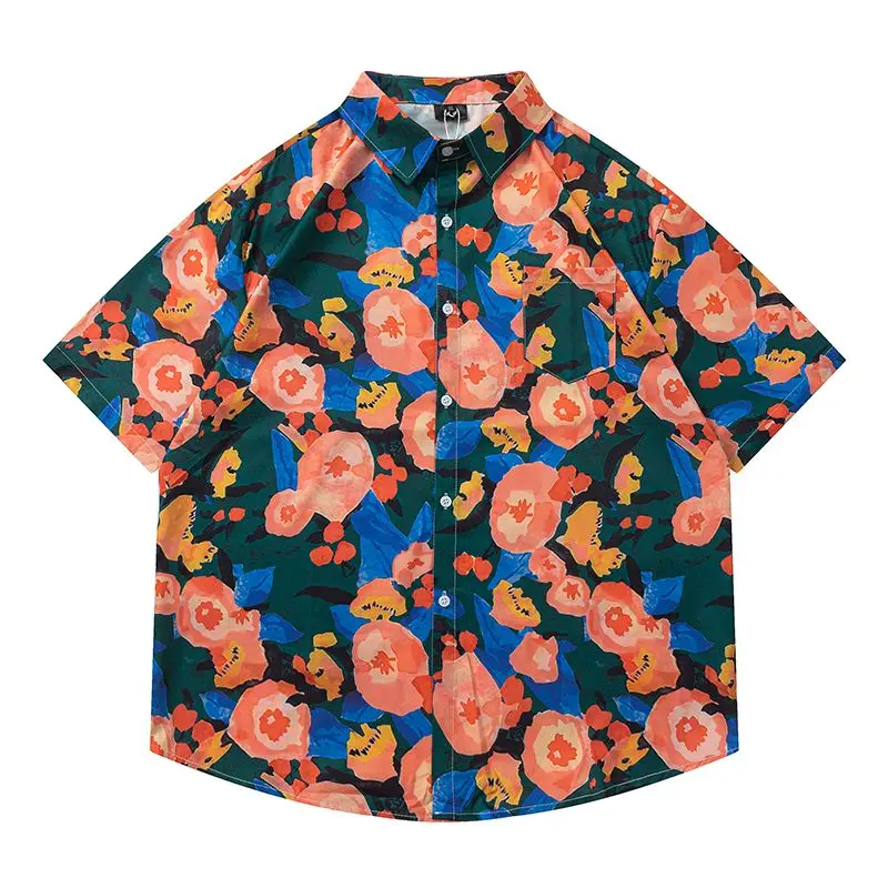 European Retro Oil Paint Flower Shirts Men Summer Hawaii Beach Single Breasted Lapel Shirt Summer Blouse Coats Loose Oversized