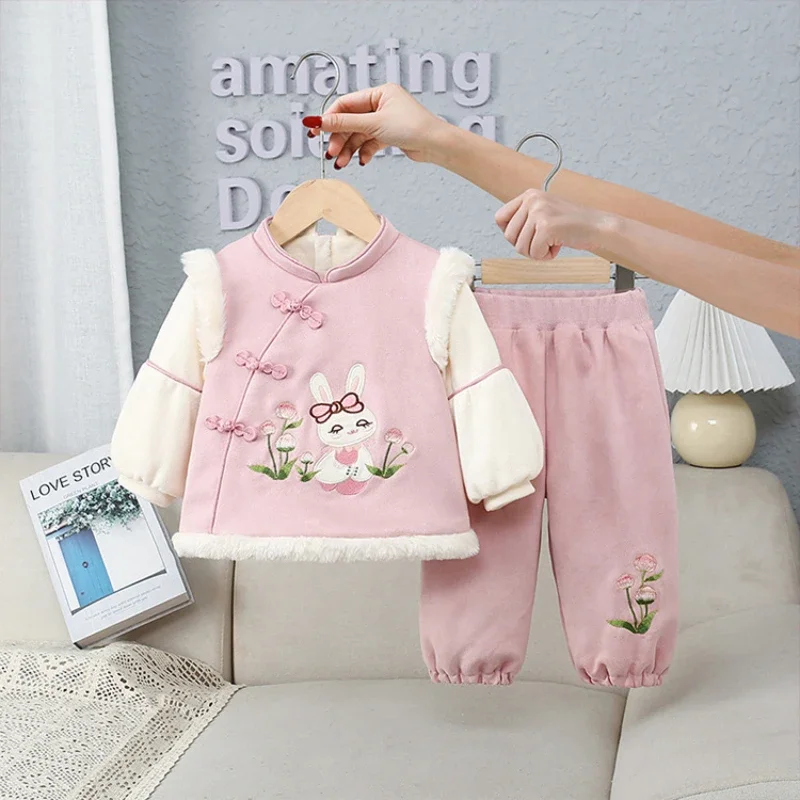 

2024 New Baby Girls' Two-Piece Set Winter Kids Suit Pink Cute Jade Rabbit Fleece-Lined Thickened Outfits Children's Clothing