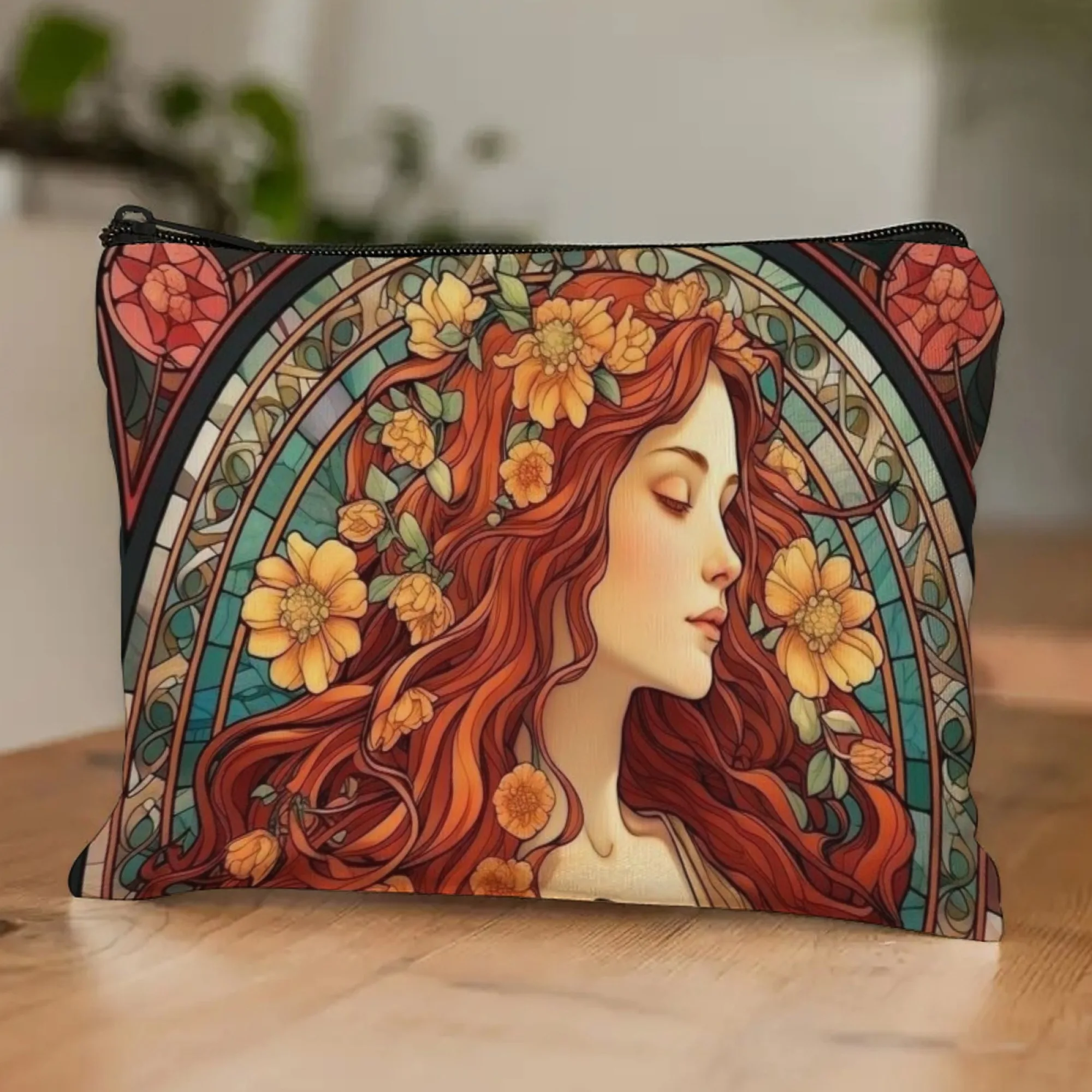 Zipper Cosmetic Pouch Mucha-Inspired Red-Haired Woman & Yellow Flowers Stained Glass Decorative Vibe Canvas Pocket Party Looks