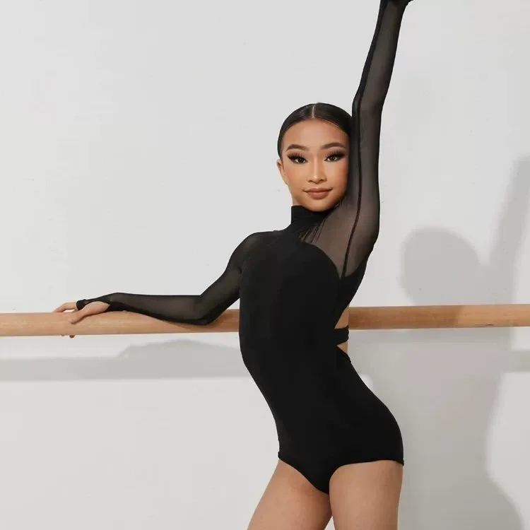 Black Latin Dance Top with breast pad - Performance Salsa Cha Cha Crop Tops for Young Women, Child Latin Dance Clothing Jumpsuit