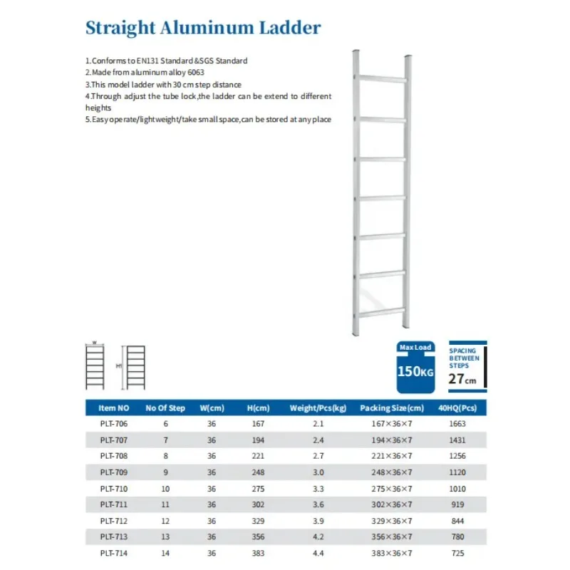 20 Step Modern Design Aluminum Straight Ladder 5.44m Nestable for Warehouse Retail or Apartment Use