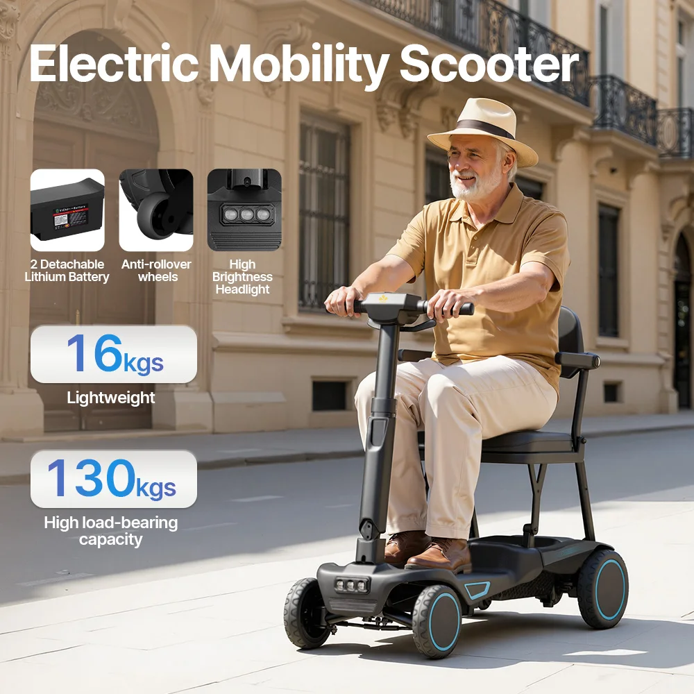 Lightweight Aluminum Alloy 4-Wheel Electric Mobility Scooter for Elderly/Disabled Brushless Motor Foldable Design