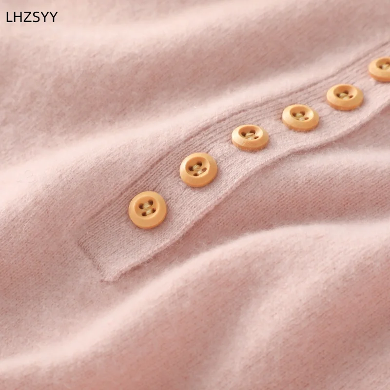 LHZSYY 100%Pure Goat Cashmere Sweater Ladies New Bubble Sleeve Pullover Buttons High-end Knit Base Shirt Autumn Joker Loose Tops