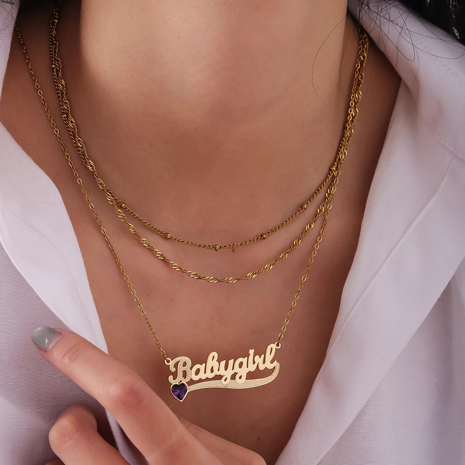 

Комплект ожерелья с индивидуальным именем, 18-каратное позолоченное нержавеющее сталь, штабелируемый камень, кулон в форме сердца, цепочка из бисера, подарок на годовщину для нее