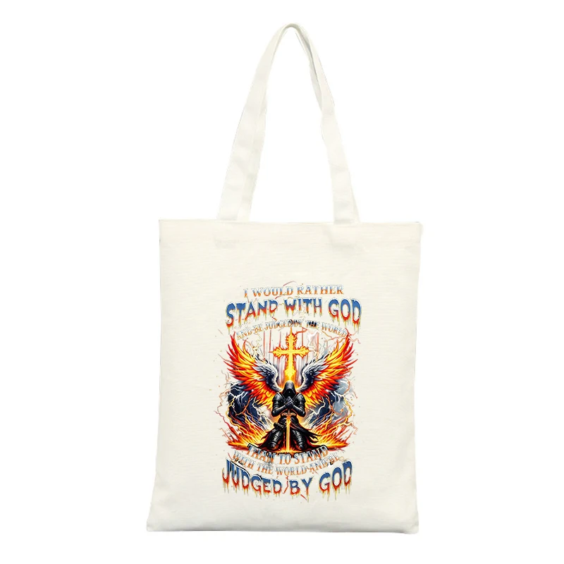 Canvas Tote Bag with Cross and Angel Graphic, Ideal for Casual Use and Daily Outings