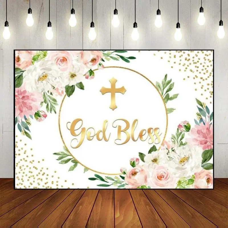 

Newborn Party Backdrop Baby Shower God Bless Theme Photography Decoration Background Photo Baptism Banner Wall Happy Birthday