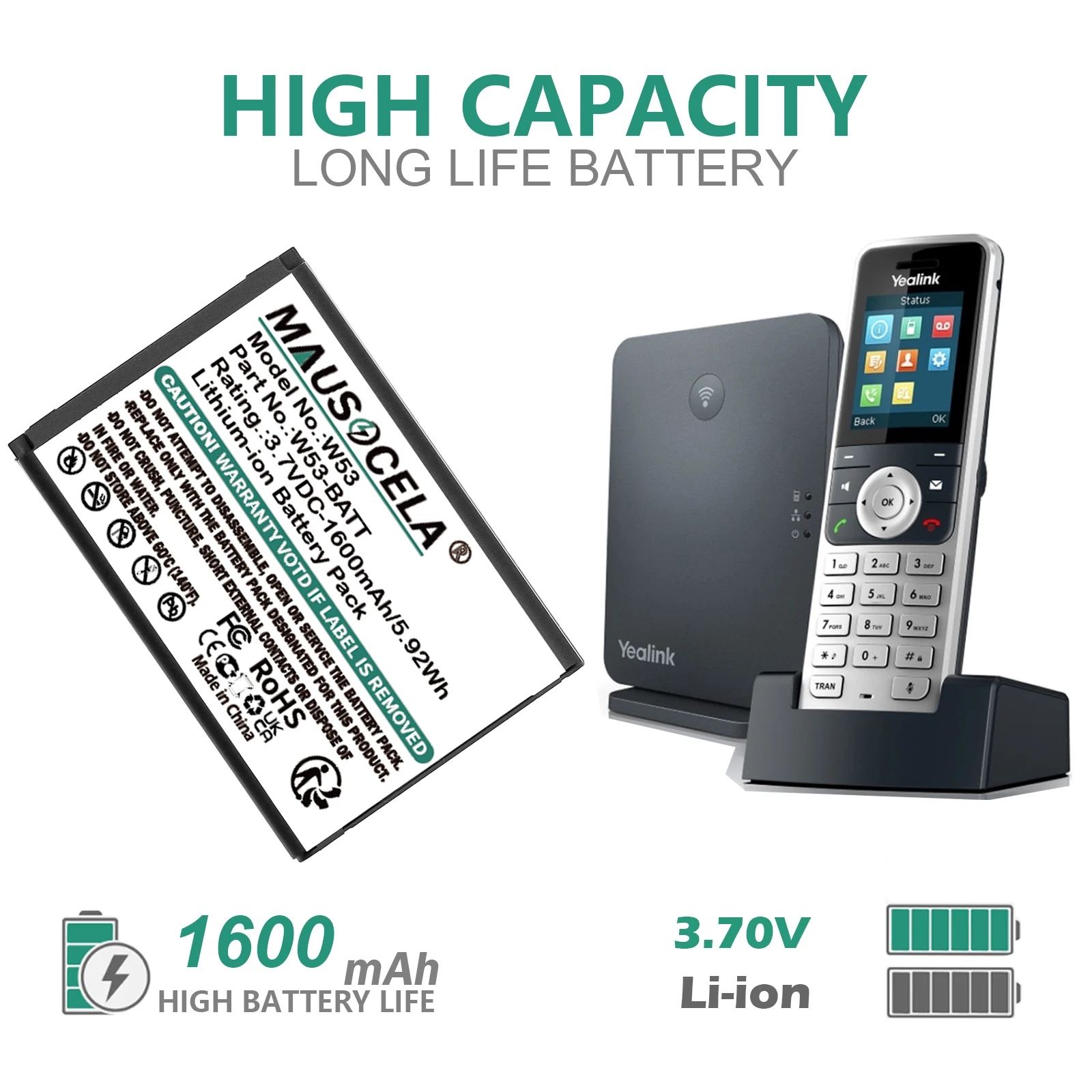 

1600mAh Cordless Phone Battery For Yealink:W53-BATT,YLLP463346C800CLS,YLLP523446C1010CTM,W53,W53P,W53h,W73,W73P,W73H,W78H,W71H