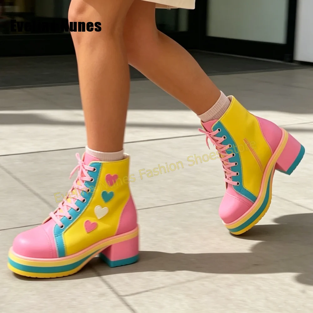 Women Rainbow Color Block Platform Ankle Boots Cute Heart Patch Lace Up Chunky Block Heel Combat Booties Y2K Street Style 2026