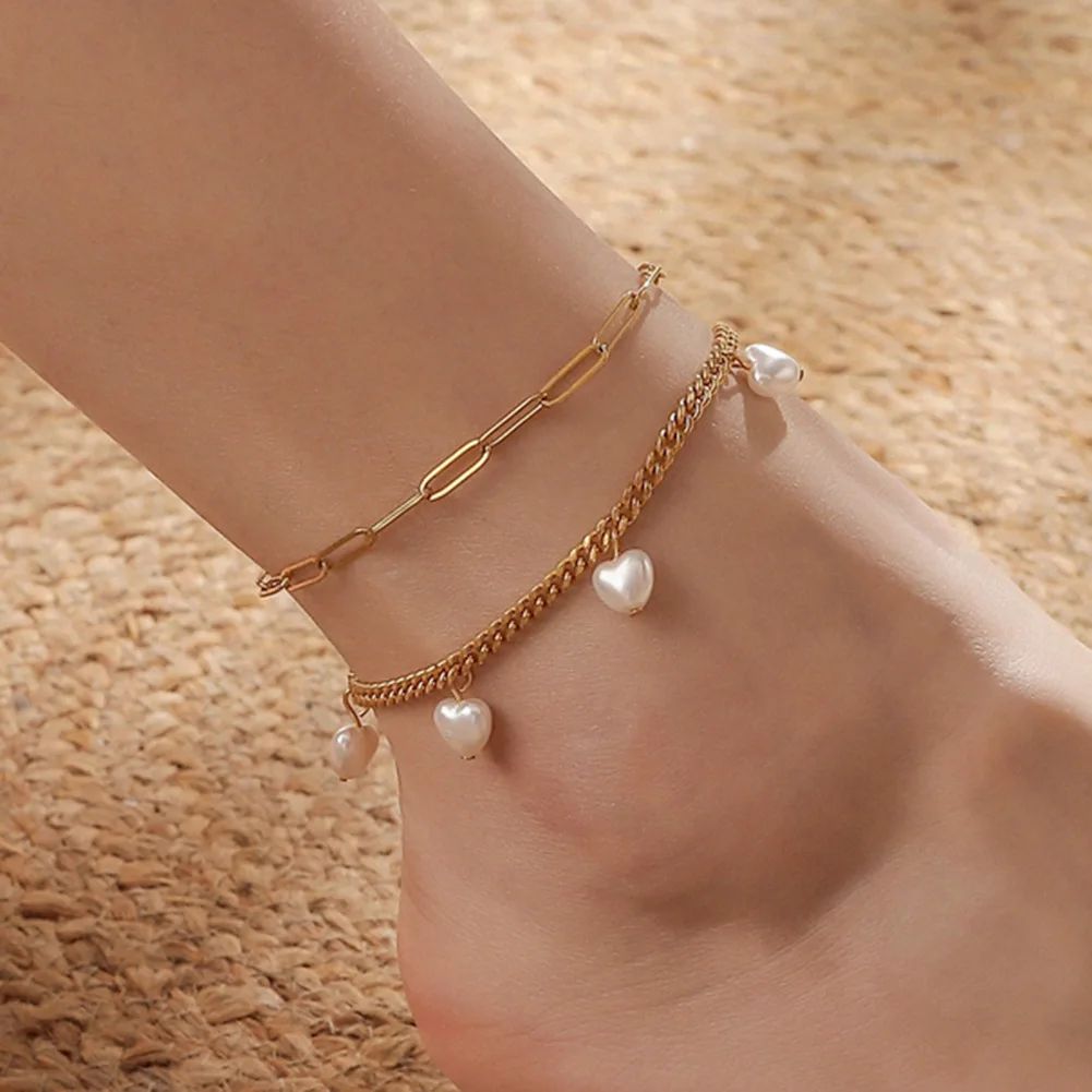 Pearl Bead Anklet for Women Foot Jewelry Accessories Stainless Steel Leg Bracelet Trend Body Chain Aesthetic Barefoot Decorate