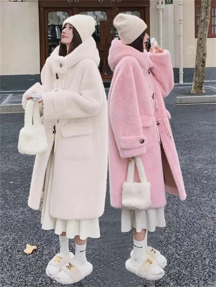 Lammfell Gras Mantel Frauen Winter mit dicken Fleece warme Kuhhorn Schnalle Kapuze lange Ärmel langes Design süß und vielseitig