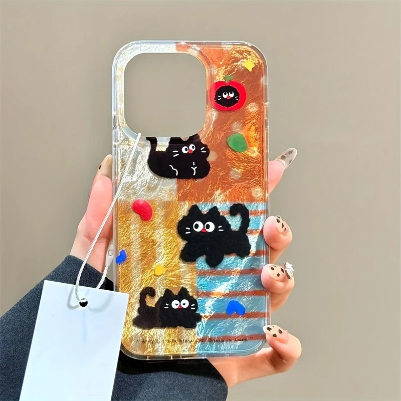 Cute Black Cat Phone Case For iPhone 16 15 14 13 12 11 Mini Pro Max X XR XSMax 7 8 Plus SE2020 Glacier Pattern Shockproof Soft