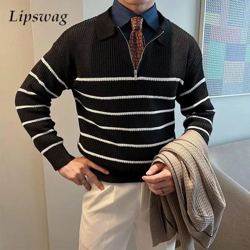 

Fashion Striped Knitted Polo Sweater Mens Fall Winter Outdoor Casual Slim Jumpers Men Daily Leisure Long Sleeve Knit Polo Shirt